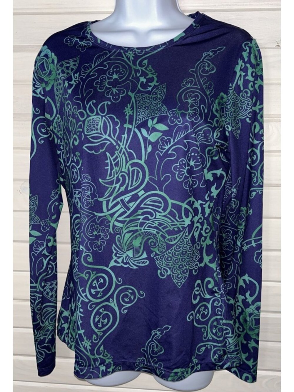 Title Nine Sz LARGE Shirt Sun Swim Rash Guard Green Blue Tropical Beach Golf EUC